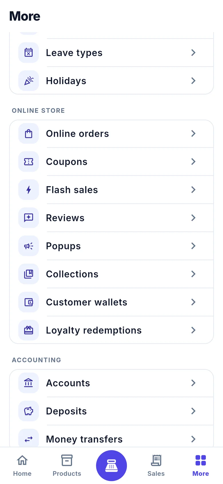 More menu: online store and accounting modules