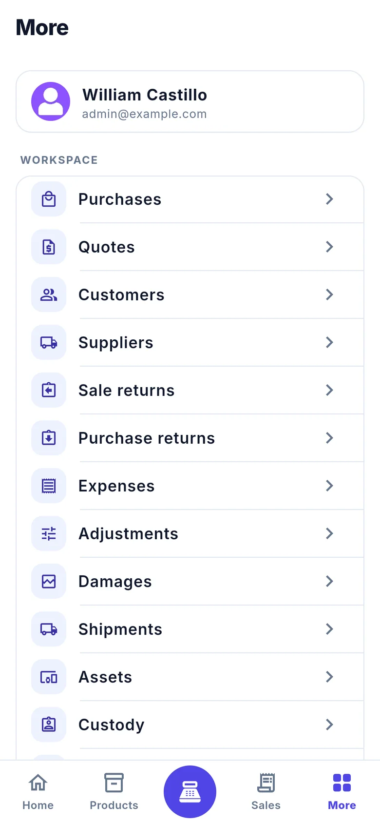 More menu listing workspace modules