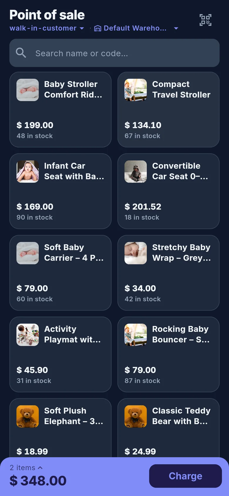 Point of sale in dark theme with two items in the cart