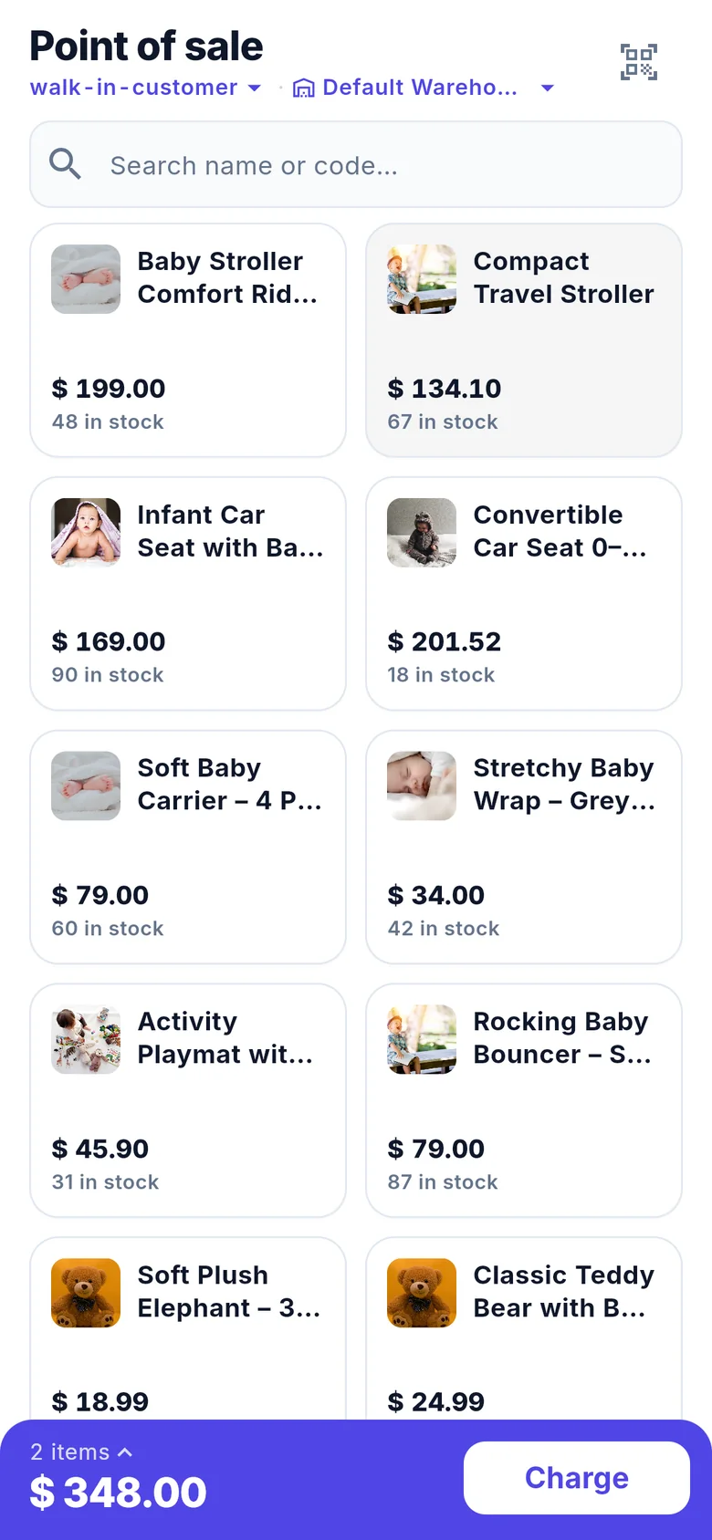 Point of sale grid with product photos and a cart total