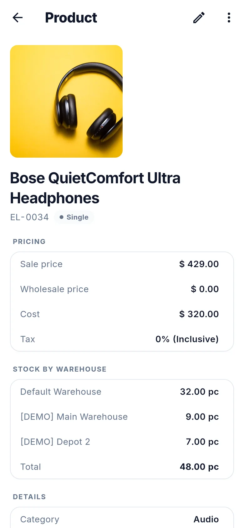 Product detail with pricing, stock by warehouse and details