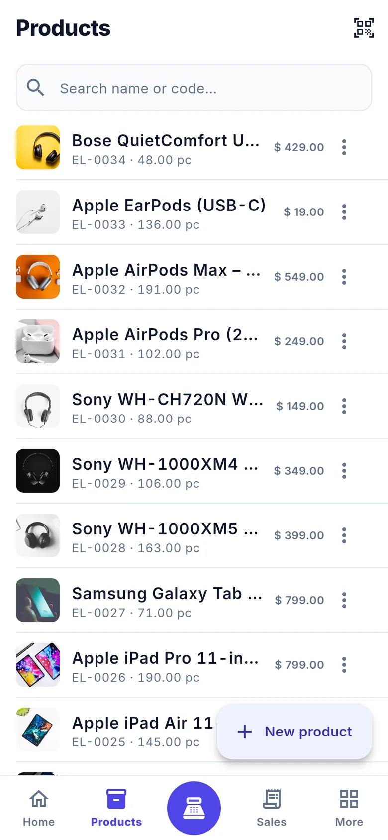 Products list with codes, quantities and prices