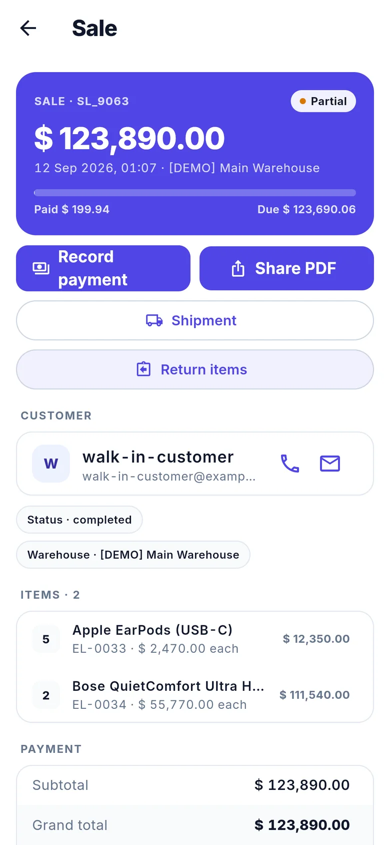 Sale detail with record payment and share PDF actions