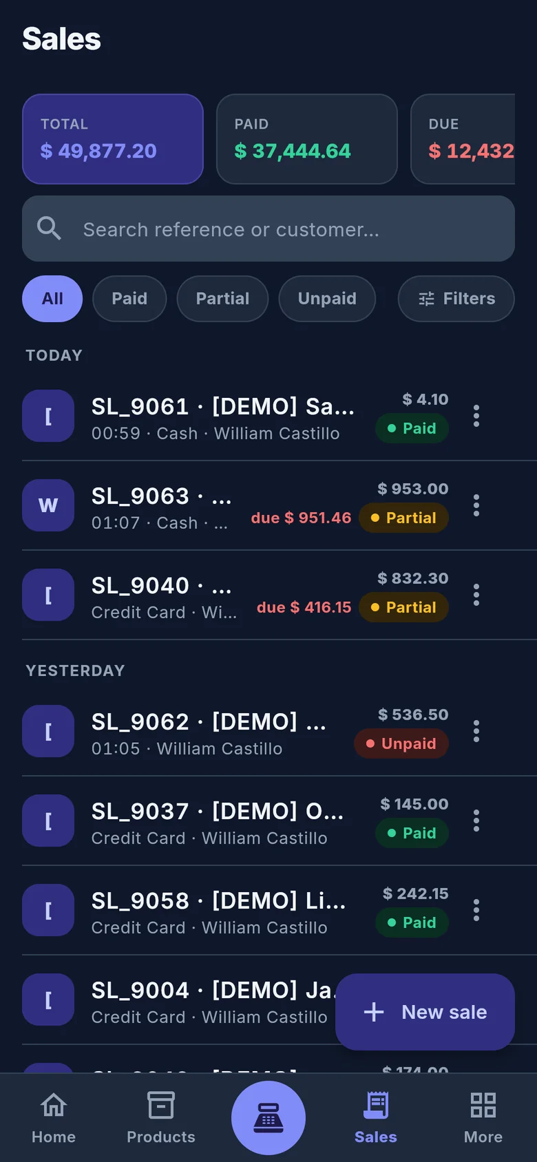 Sales list in dark theme