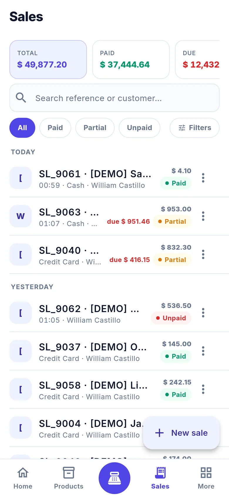 Sales list grouped by day with payment status