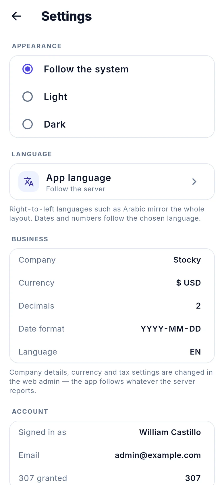 Settings: appearance, language and business details